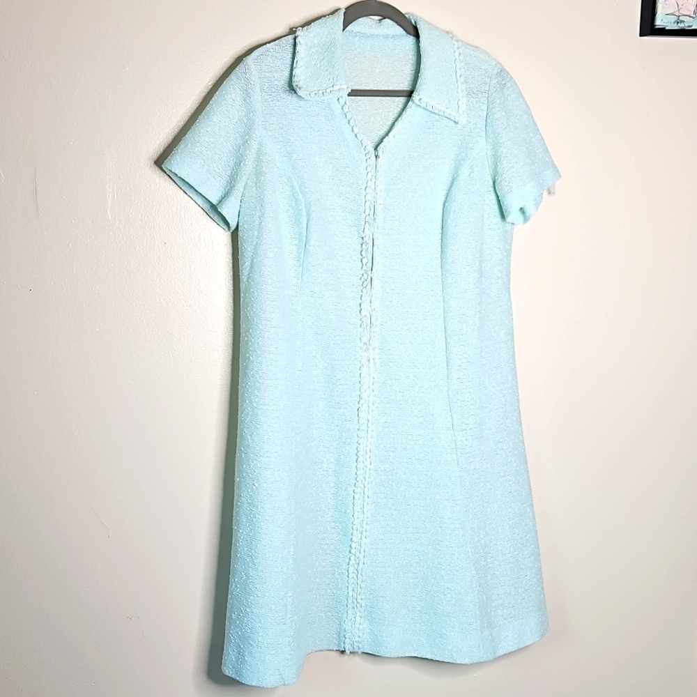 Vintage Knit Dress Full Zip Seafoam Green White X Large